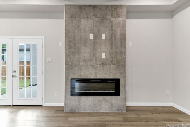 9911 Loma Alta Cir, Converse, TX 78109 - detailed view of french doors, wood finished floors, and a fireplace