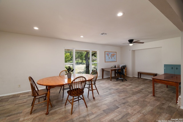 10567 Rocking M, Helotes, TX 78023 - dining room featuring wood finished floors, ceiling fan, recessed lighting, and a desk