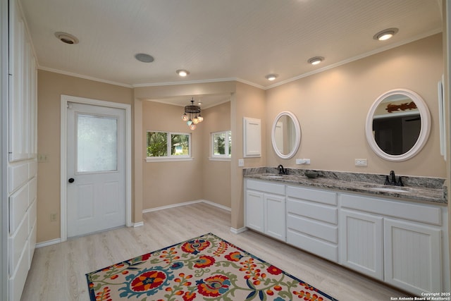 10567 Rocking M, Helotes, TX 78023 - full bathroom with wood finished floors, double vanity, a chandelier, crown molding, and recessed lighting