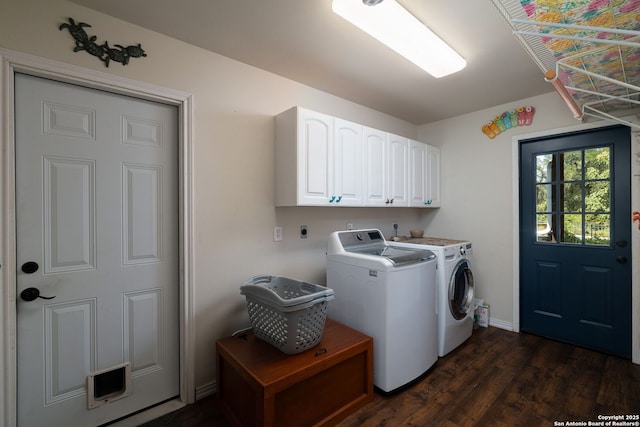 10567 Rocking M, Helotes, TX 78023 - laundry room with cabinet space, washing machine and clothes dryer, and dark wood-type flooring