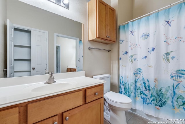 6160 Eckhert Rd, San Antonio, TX 78240 - bathroom with vanity, tile patterned floors, and a shower with shower curtain