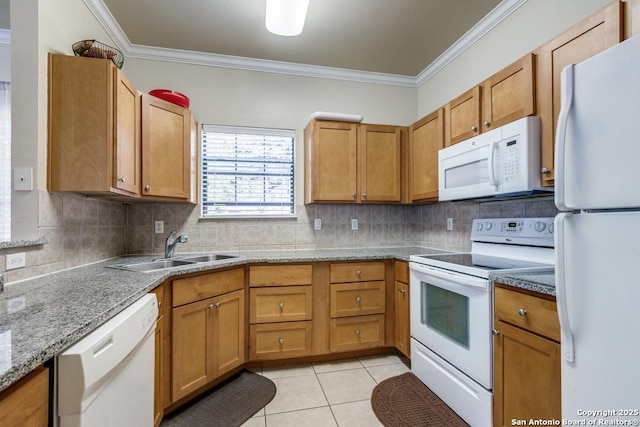6160 Eckhert Rd, San Antonio, TX 78240 - kitchen with white appliances, crown molding, decorative backsplash, brown cabinets, and light tile patterned floors