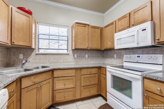 6160 Eckhert Rd, San Antonio, TX 78240 - kitchen featuring white appliances, ornamental molding, decorative backsplash, light tile patterned flooring, and light stone counters