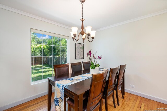 227 Devonshire, San Antonio, TX 78209 - dining space with a chandelier, ornamental molding, plenty of natural light, and hardwood / wood-style flooring