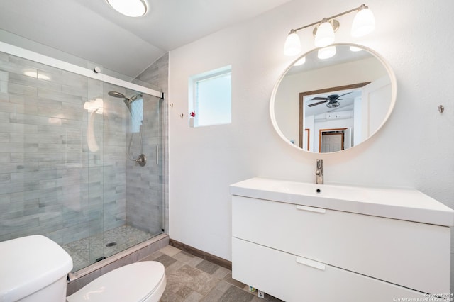 227 Devonshire, San Antonio, TX 78209 - bathroom featuring ceiling fan, vanity, and a stall shower
