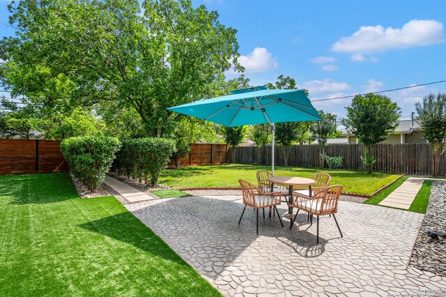 227 Devonshire, San Antonio, TX 78209 - fenced backyard with a patio area and outdoor dining area