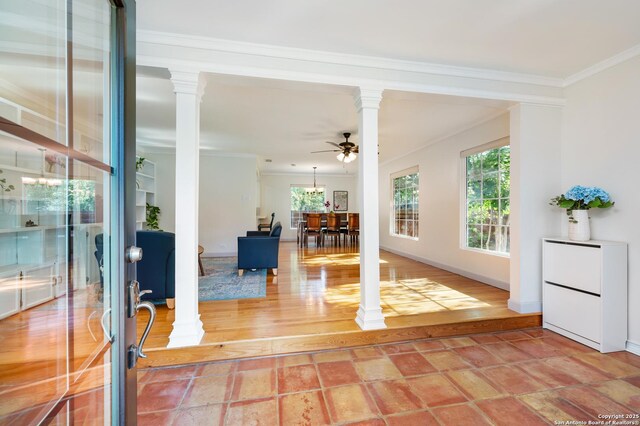 227 Devonshire, San Antonio, TX 78209 - interior space featuring ornate columns, ornamental molding, a ceiling fan, and light wood-type flooring
