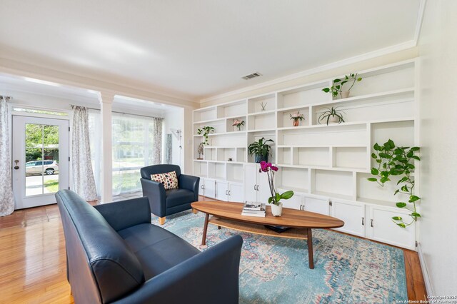 227 Devonshire, San Antonio, TX 78209 - living room with light wood-type flooring and crown molding