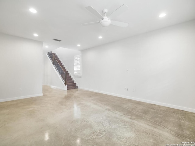 338 E Olmos, San Antonio, TX 78212 - spare room featuring finished concrete floors, stairway, recessed lighting, and a ceiling fan