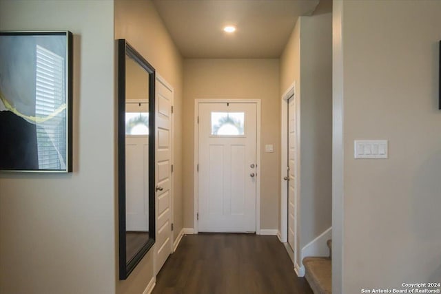 12904 Liam Ct, Saint Hedwig, TX 78152 - entryway featuring dark wood-style flooring and baseboards