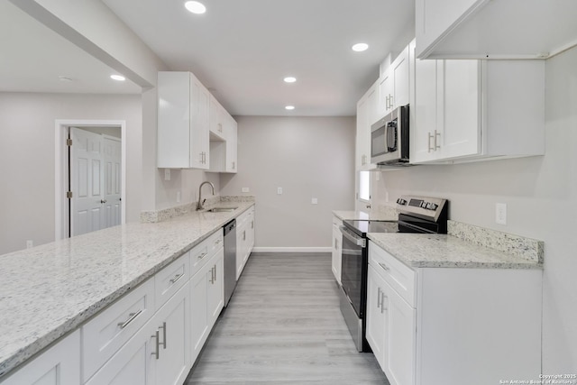 2738 Ravina, San Antonio, TX 78222 - kitchen with appliances with stainless steel finishes, recessed lighting, light stone countertops, and white cabinetry