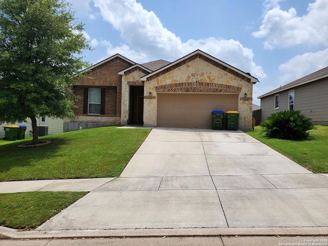 15923 Silver Rose, Selma, TX 78154 - single story home featuring stone siding, a garage, a front lawn, driveway, and brick siding