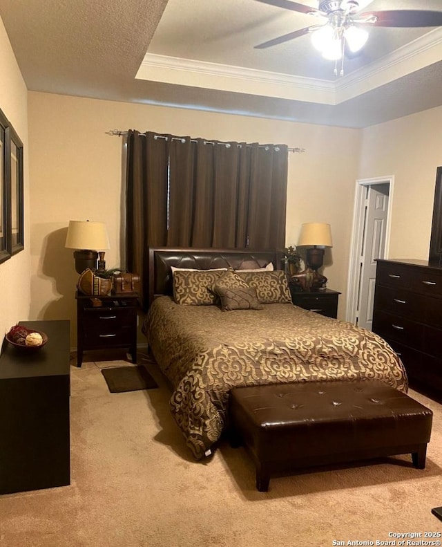 15923 Silver Rose, Selma, TX 78154 - bedroom with light colored carpet, ornamental molding, a raised ceiling, and a ceiling fan