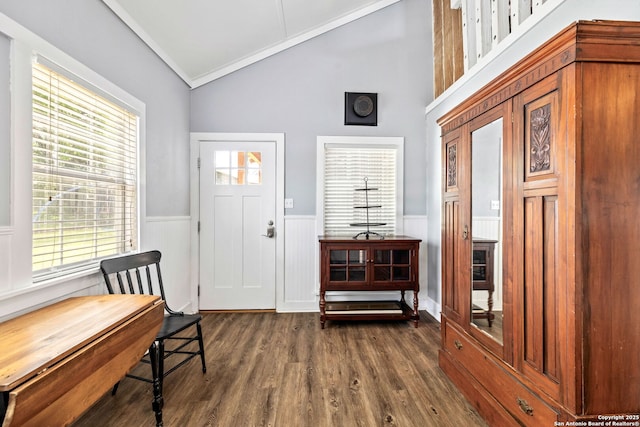 2 Fm 289, Comfort, TX 78013 - entrance foyer featuring lofted ceiling, a wainscoted wall, dark wood-type flooring, and ornamental molding