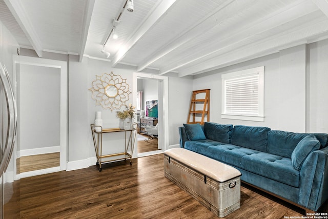 2 Fm 289, Comfort, TX 78013 - living area featuring beam ceiling, dark wood finished floors, and rail lighting