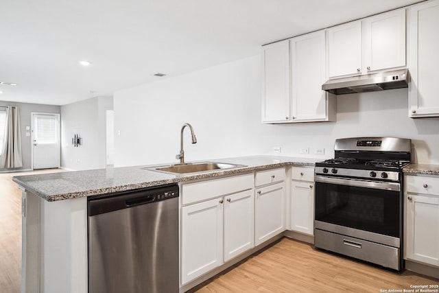 7002 Satellite, San Antonio, TX 78252 - kitchen featuring stainless steel appliances, under cabinet range hood, a peninsula, light wood finished floors, and recessed lighting