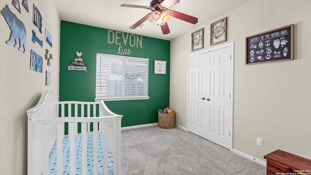 21810 Thunder Basin, San Antonio, TX 78261 - carpeted bedroom featuring a nursery area, a closet, and ceiling fan