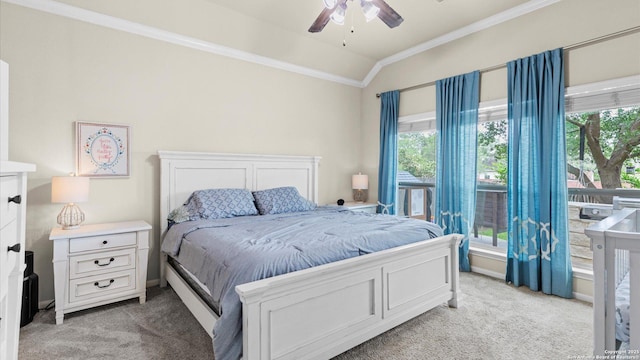 21810 Thunder Basin, San Antonio, TX 78261 - bedroom featuring light carpet, crown molding, vaulted ceiling, multiple windows, and a ceiling fan