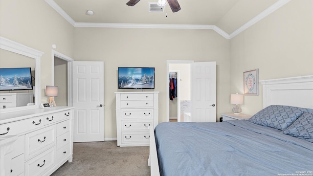 21810 Thunder Basin, San Antonio, TX 78261 - bedroom featuring light carpet, ornamental molding, a spacious closet, lofted ceiling, and ceiling fan