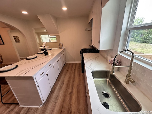 414 Clower, San Antonio, TX 78212 - kitchen featuring a peninsula, white cabinetry, wood finished floors, arched walkways, and recessed lighting