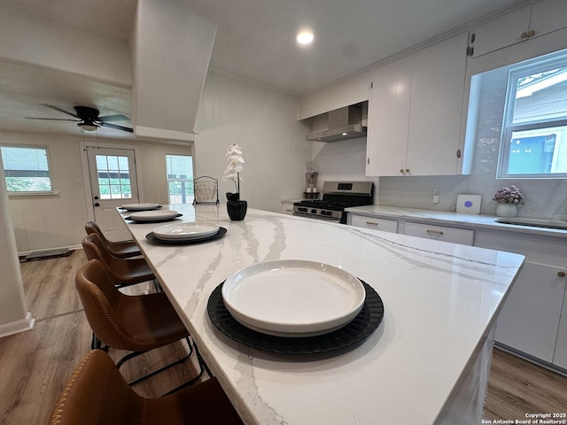414 Clower, San Antonio, TX 78212 - kitchen with wall chimney range hood, stainless steel gas stove, light wood-type flooring, and ceiling fan