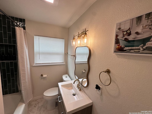 414 Clower, San Antonio, TX 78212 - full bath featuring marble finish flooring, vanity, and shower / tub combo with curtain