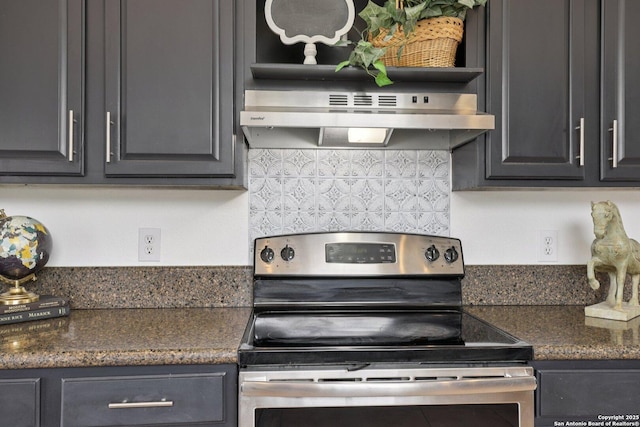 23613 Grayling Ln, San Antonio, TX 78259 - kitchen with stainless steel electric range, open shelves, tasteful backsplash, and under cabinet range hood