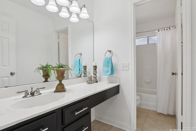 23613 Grayling Ln, San Antonio, TX 78259 - full bathroom featuring vanity, tile patterned floors, a chandelier, and shower / bathtub combination with curtain
