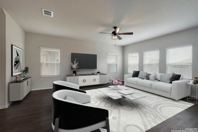 12810 Olson Pt, San Antonio, TX 78252 - living area with a ceiling fan and dark wood-style floors