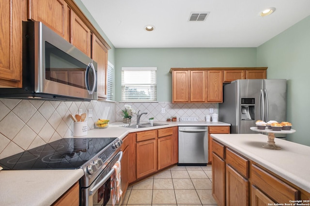 4922 Augusta, San Antonio, TX 78247 - kitchen featuring stainless steel appliances, light countertops, tasteful backsplash, light tile patterned floors, and brown cabinets