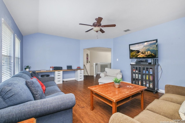 4922 Augusta, San Antonio, TX 78247 - living room with arched walkways, a ceiling fan, wood finished floors, and lofted ceiling