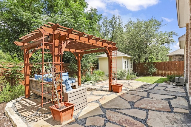 8503 Kallison Arbor, San Antonio, TX 78254 - fenced backyard with a pergola, a patio area, and an outdoor structure