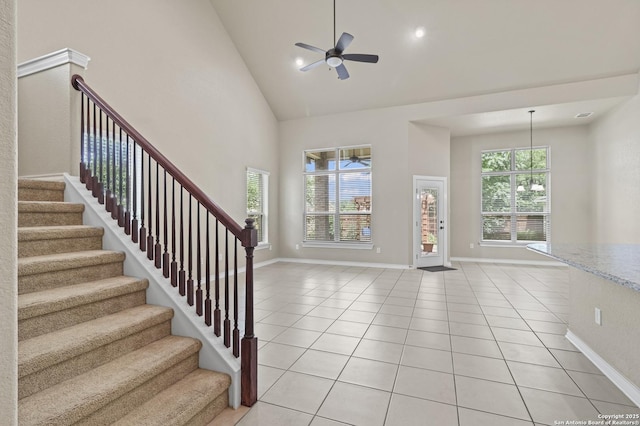 8503 Kallison Arbor, San Antonio, TX 78254 - entryway featuring light tile patterned floors, high vaulted ceiling, a ceiling fan, stairs, and recessed lighting