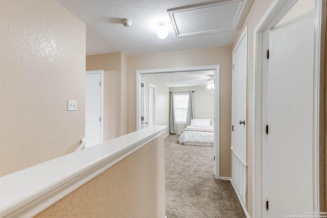 16102 Barrell Run, San Antonio, TX 78247 - hallway with light carpet, a textured wall, attic access, and a textured ceiling