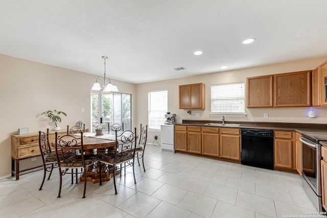 16102 Barrell Run, San Antonio, TX 78247 - kitchen featuring black dishwasher, stainless steel electric range, dark countertops, plenty of natural light, and recessed lighting