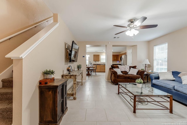 16102 Barrell Run, San Antonio, TX 78247 - living area featuring ceiling fan, stairway, and light tile patterned floors