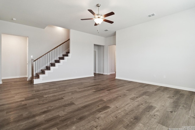 1619 Vista View Dr, Pleasanton, TX 78064 - unfurnished living room featuring a ceiling fan, stairs, and wood finished floors
