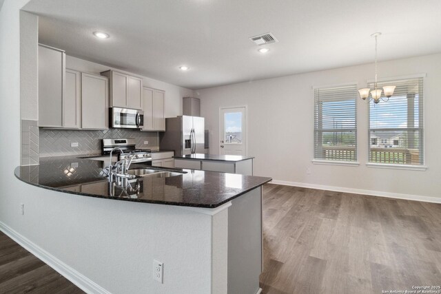 1619 Vista View Dr, Pleasanton, TX 78064 - kitchen featuring stainless steel appliances, a peninsula, dark wood finished floors, backsplash, and recessed lighting