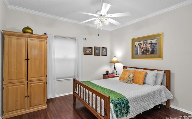 1819 Babcock Unit 605, San Antonio, TX 78229 - bedroom with dark wood finished floors, ornamental molding, and a ceiling fan