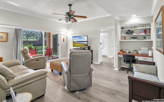 1819 Babcock Unit 605, San Antonio, TX 78229 - living area featuring a textured ceiling, light wood finished floors, ornamental molding, a desk, and ceiling fan