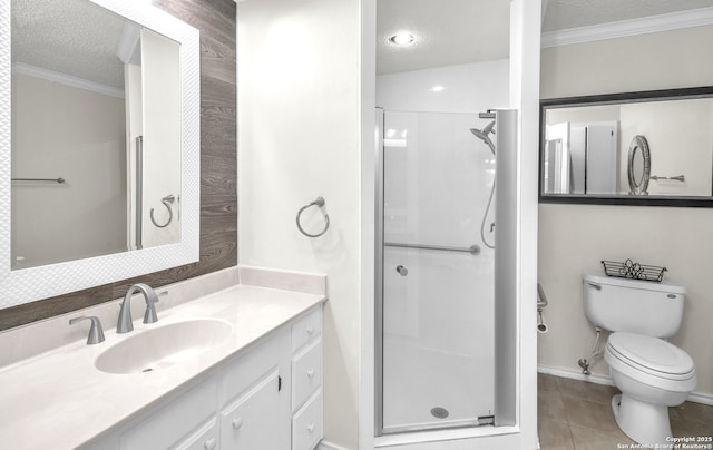 1819 Babcock Unit 605, San Antonio, TX 78229 - full bathroom with a textured ceiling, crown molding, a shower stall, vanity, and tile patterned floors