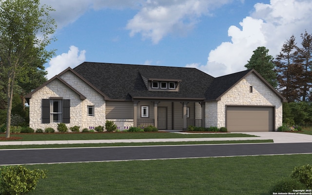 1562 Vista View Dr, Pleasanton, TX 78064 - view of front of property featuring stone siding, a front yard, concrete driveway, and an attached garage