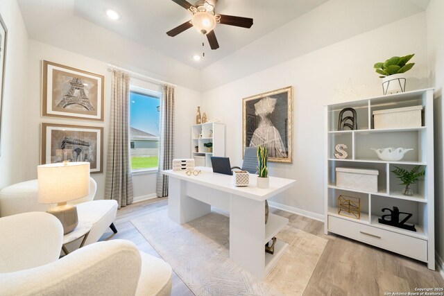 1562 Vista View Dr, Pleasanton, TX 78064 - home office featuring a ceiling fan, light wood-style flooring, and recessed lighting