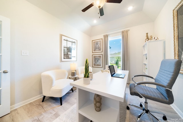 1562 Vista View Dr, Pleasanton, TX 78064 - office featuring light wood-style flooring, a ceiling fan, and recessed lighting