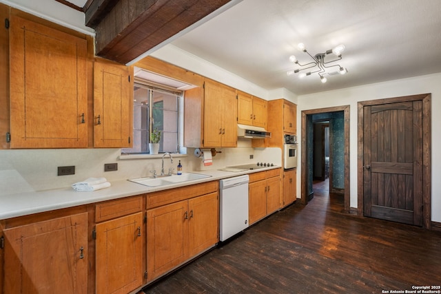13132 State Highway 16, Medina, TX 78055 - kitchen featuring white appliances, dark wood-type flooring, light countertops, under cabinet range hood, and brown cabinets