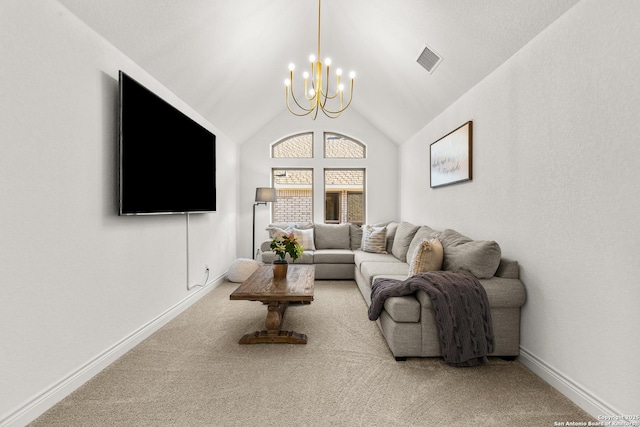 2604 Sueno Pt, San Antonio, TX 78245 - carpeted living room with a chandelier and vaulted ceiling