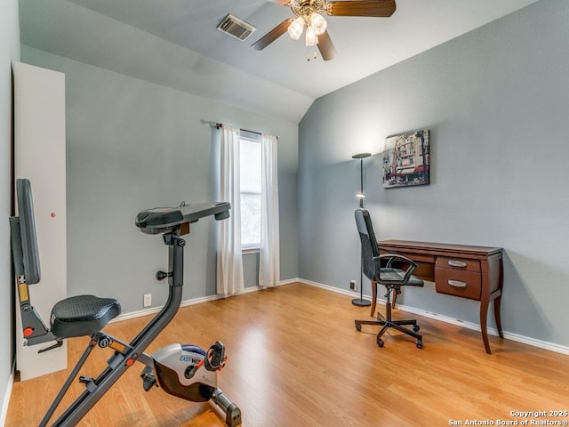 2115 Encino Breeze, San Antonio, TX 78259 - exercise room with wood finished floors, ceiling fan, and lofted ceiling