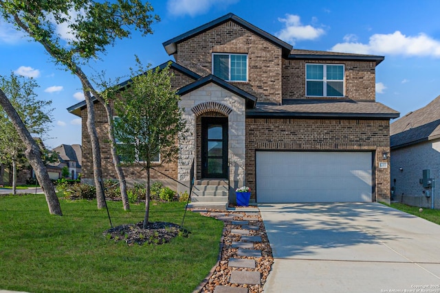 12455 Diagon Aly, San Antonio, TX 78254 - view of front of property featuring brick siding, an attached garage, concrete driveway, and a front yard