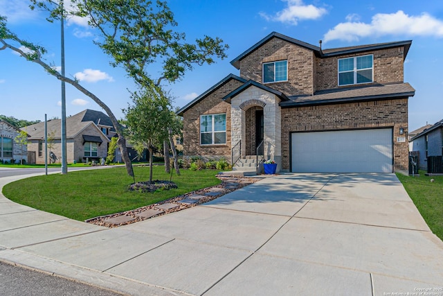 12455 Diagon Aly, San Antonio, TX 78254 - view of front of house with a garage, brick siding, a front lawn, and driveway