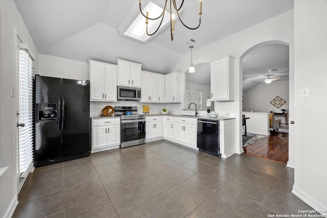 1219 Alpine Pond, San Antonio, TX 78260 - kitchen featuring black appliances, lofted ceiling, ceiling fan, and white cabinets